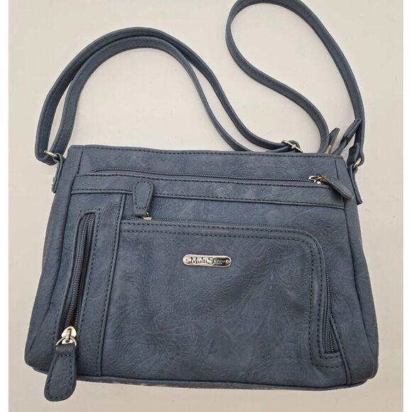 Blue MultiSac Crossbody Bag With Floral Embossed Pattern & Multiple Zipper Pocke - Picture 1 of 8